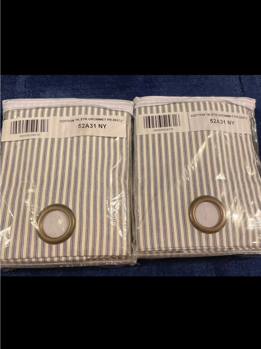 Navy Ticking Stripe Grommet Curtain Pair
